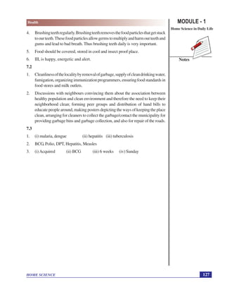 MODULE - 1
Home Science in Daily Life
127
Health
HOME SCIENCE
Notes
4. Brushingteethregularly.Brushingteethremovesthefoodparticlesthatgetstuck
toourteeth.Thesefoodparticlesallowgermstomultiplyandharmourteethand
gums and lead to bad breath. Thus brushing teeth daily is very important.
5. Food should be covered, stored in cool and insect proof place.
6. III, is happy, energetic and alert.
7.2
1. Cleanlinessofthelocalitybyremovalofgarbage,supplyofcleandrinkingwater,
fumigation,organizingimmunizationprogrammers,ensuringfoodstandardsin
food stores and milk outlets.
2. Discussions with neighbours convincing them about the association between
healthy population and clean environment and therefore the need to keep their
neighborhood clean; forming peer groups and distribution of hand bills to
educate people around, making posters depicting the ways of keeping the place
clean, arranging for cleaners to collect the garbage/contact the municipality for
providing garbage bins and garbage collection, and also for repair of the roads.
7.3
1. (i) malaria, dengue (ii) hepatitis (iii) tuberculosis
2. BCG, Polio, DPT, Hepatitis, Measles
3. (i)Acquired (ii) BCG (iii) 6 weeks (iv) Sunday
 