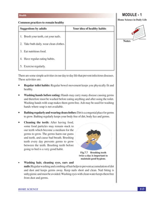 MODULE - 1
Home Science in Daily Life
113
Health
HOME SCIENCE
Notes
Common practices to remain healthy
Suggestions by adults Your idea of healthy habits
1. Brush your teeth, cut your nails.
2. Take bath daily, wear clean clothes.
3. Eat nutritious food.
4. Have regular eating habits.
5. Exerciseregularly.
Therearesomesimpleactivitiesinourdaytodaylifethatpreventinfectiousdiseases.
These activities are:
• Regular toilet habits: Regular bowel movement keeps you physically fit and
healthy.
• Washing hands before eating: Hands may carry many disease causing germs
and therefore must be washed before eating anything and after using the toilet.
Washing hands with soap makes them germ free.Ash may be used for washing
hands where soap is not available.
• Bathingregularlyandwearingcleanclothes:Dirtisacongenialplaceforgerms
to grow. Bathing regularly keeps your body free of dirt, body lice and germs.
• Cleaning the teeth: After having food,
some food particles may remain stuck to
our teeth which become a medium for the
germs to grow. The germs harm our gums
and teeth, and cause bad breath. Brushing
teeth every day prevents germs to grow
between the teeth. Brushing teeth before
going to bed is a very good habit.
• Washing hair, cleaning eyes, ears and
nails:Regularwashingandcombingofhairhelpstopreventaccumulationofdirt
and dust and keeps germs away. Keep nails short and clean. Nail biting is
unhygienicandmustbeavoided.Washingeyeswithcleanwaterkeepsthemfree
from dust and germs.
Fig.7.7 Brushing teeth
twice a day is important to
maintain good hygiene.
 