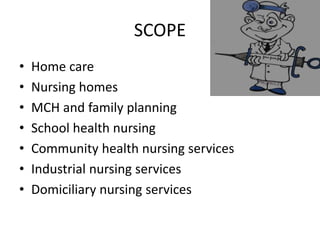 SCOPE
• Home care
• Nursing homes
• MCH and family planning
• School health nursing
• Community health nursing services
• Industrial nursing services
• Domiciliary nursing services
 