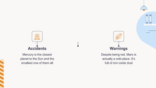 Mercury is the closest
planet to the Sun and the
smallest one of them all
Despite being red, Mars is
actually a cold place. It’s
full of iron oxide dust
Accidents Warnings
 