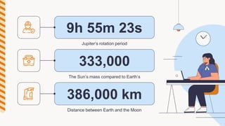 9h 55m 23s
333,000
386,000 km
Jupiter’s rotation period
The Sun’s mass compared to Earth’s
Distance between Earth and the Moon
 