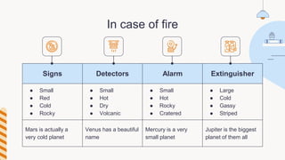 In case of fire
Signs Detectors Alarm Extinguisher
● Small
● Red
● Cold
● Rocky
● Small
● Hot
● Dry
● Volcanic
● Small
● Hot
● Rocky
● Cratered
● Large
● Cold
● Gassy
● Striped
Mars is actually a
very cold planet
Venus has a beautiful
name
Mercury is a very
small planet
Jupiter is the biggest
planet of them all
 