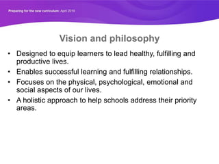 Vision and philosophy
• Designed to equip learners to lead healthy, fulfilling and
productive lives.
• Enables successful learning and fulfilling relationships.
• Focuses on the physical, psychological, emotional and
social aspects of our lives.
• A holistic approach to help schools address their priority
areas.
 