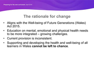 The rationale for change
• Aligns with the Well-being of Future Generations (Wales)
Act 2015.
• Education on mental, emotional and physical health needs
to be more integrated – growing challenges.
• Current provision is inconsistent.
• Supporting and developing the health and well-being of all
learners in Wales cannot be left to chance.
 