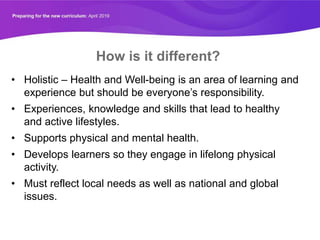 How is it different?
• Holistic – Health and Well-being is an area of learning and
experience but should be everyone’s responsibility.
• Experiences, knowledge and skills that lead to healthy
and active lifestyles.
• Supports physical and mental health.
• Develops learners so they engage in lifelong physical
activity.
• Must reflect local needs as well as national and global
issues.
 