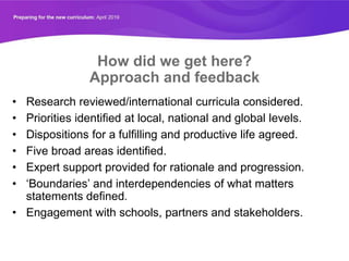 How did we get here?
Approach and feedback
• Research reviewed/international curricula considered.
• Priorities identified at local, national and global levels.
• Dispositions for a fulfilling and productive life agreed.
• Five broad areas identified.
• Expert support provided for rationale and progression.
• ‘Boundaries’ and interdependencies of what matters
statements defined.
• Engagement with schools, partners and stakeholders.
 