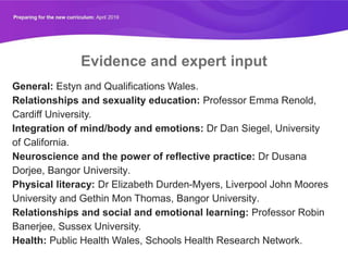 Evidence and expert input
General: Estyn and Qualifications Wales.
Relationships and sexuality education: Professor Emma Renold,
Cardiff University.
Integration of mind/body and emotions: Dr Dan Siegel, University
of California.
Neuroscience and the power of reflective practice: Dr Dusana
Dorjee, Bangor University​.
Physical literacy: Dr Elizabeth Durden-Myers, Liverpool John Moores
University​ and Gethin Mon Thomas, Bangor University​.
Relationships and social and emotional learning: Professor Robin
Banerjee, Sussex University.
Health: Public Health Wales, Schools Health Research Network.
 