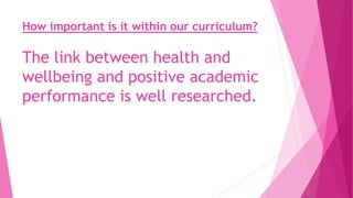 How important is it within our curriculum?
The link between health and
wellbeing and positive academic
performance is well researched.
 