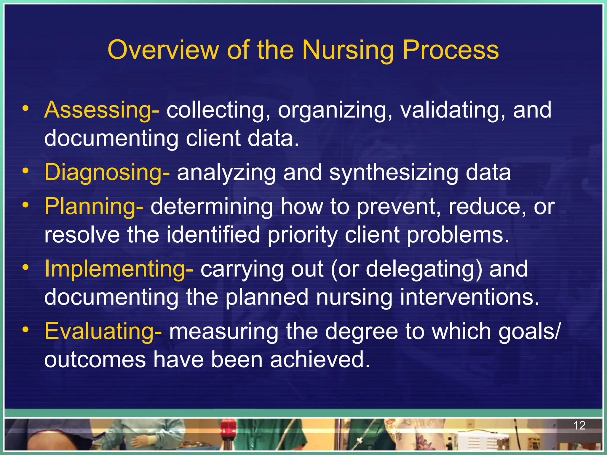 12
Overview of the Nursing Process
• Assessing- collecting, organizing, validating, and
documenting client data.
• Diagnosing- analyzing and synthesizing data
• Planning- determining how to prevent, reduce, or
resolve the identified priority client problems.
• Implementing- carrying out (or delegating) and
documenting the planned nursing interventions.
• Evaluating- measuring the degree to which goals/
outcomes have been achieved.
 