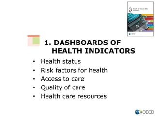 • Health status
• Risk factors for health
• Access to care
• Quality of care
• Health care resources
1. DASHBOARDS OF
HEAL...