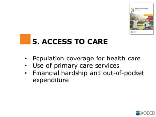 • Population coverage for health care
• Use of primary care services
• Financial hardship and out-of-pocket
expenditure
5. ACCESS TO CARE
 