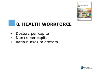 • Doctors per capita
• Nurses per capita
• Ratio nurses to doctors
8. HEALTH WORKFORCE
 