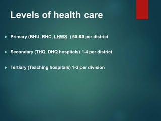 Levels of health care
 Primary (BHU, RHC, LHWS ) 60-80 per district
 Secondary (THQ, DHQ hospitals) 1-4 per district
 Tertiary (Teaching hospitals) 1-3 per division
 