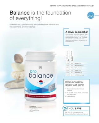 21|Dietary Supplements and Specialized products
53%
87%
45%
150%
160%
15%
200
695
453
60
80
300
80102
Balance is the foundation
of everything!
ProBalance supplies the body with valuable basic minerals and
trace elements for inner balance!
Some minerals harmonize perfectly, while
others impede each other. Therefore, the
right combination is vital. Only in this way
can minerals support the acid-base
balance of the body and fulfil a variety of
further functions.
A clever combination
perdailyallowance
NRV
perdailyallowance
Absolute
calcuim (mg)
Magnesuim (mg)
Calcuim (mg)
copper (µg)
chromate (µg)
molybdenum (µg)
YOU SAVE
Ask your LR Partner about our
discounted set and subscription prices!
Basic minerals for
greater well-being!
	Balanced minerals and trace
minerals
	A valuable mix of citrate, carbonate
and gluconate.
	Lactose Free
ProBalance
Recommended Dosage:
daily 3x4 tablets
360 Tablets/ 252g
 