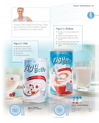 27|weight management
80295
80201
80203
80280
Figuactiv Shakes
	Creamy or fruity meal substitute in 3
varieties
	Simply mix with lactose-free milk
	A combination of plant and animal
protein.
	Low lactose content and gluten free
	Without added preservatives and
sugar2
2 contains natural sugar
FiguAktiv Strawberry-Banana
450 g can
Strawberry-Banana
Latte Macchiato
Vanilla
Figuactiv Figuactiv
Vital Crunchy Cranberry
450 g can
Figuactiv Vital
	Muesli-like meal substitute
	With fruity cranberry pieces
	Mix with lactose-free yoghurt
	Lactose Free
	No added preservatives
“Figuactiv Vital is perfect for mornings. Tastes
like crunchy fruit muesli! A shake is ideal for
lunch. It refreshes and is easily mixed!”
1 Shake =
1 Meal1
1 Shake =
1 Meal1
 