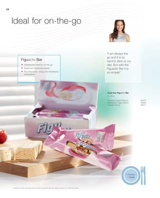 28
Ideal for on-the-go
Figuactiv Bar
“I am always the
go and it is so
hard to stick to my
diet. But with the
Figuactiv Bar it is
so simple!”
	Substantial meal for on the go
	Balanced nutritional supply
	For chocolate, crispy and strawberry
enthusiasts
1 Based on three average sized meals during the day the energy output of 2,000 kcal daily
6 x 60 g
Crunchy Caramel Flavour 80272
Strawberry-Yogurt flavour 80284
Nougat Flavour 80271
6 per box Figuactiv Bar
1 Portion –
1 Meal1
 