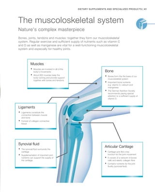 41|Dietary Supplements and Specialized products
Nature’s complex masterpiece
Bones, joints, tendons and muscles: together they form our muscoloskeletal
system. Regular exercise and sufficient supply of nutrients such as vitamin C
and D as well as manganese are vital for a well-functioning muscoloskeletal
system and especially for healthy joints.
The muscoloskeletal system
Ligaments
	Ligaments constitute the
connection between muscle
and bone
	Consist of collagen connective
tissue
Synovial fluid
	The synovial fluid surrounds the
cartilage
	Supplementation of important joint
nutrients can support the supply of
the cartilage.
Bone
	Bones form the the basis of our
muscoskeletal system
	Important bone nutrients
e.g. vitamin D, calcium and
manganese
	The German Nutrition Society
recommends paying special
attention to a sufficient supply of
vitamin D.
Articular Cartilage
	Cartilage acts like a key
function for the joint movement
	It consist of a network of bones
cells and elastic collagen fibre
	Contains nutrients for the joint
fluidity (synovial fluid)
Muscles
	Muscles are involved in all of the
body's movements
	About 600 muscles keep the
body running and provide support
together with bones and tendons.
 