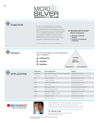 54
u
Function The secret of the Microsilver Plus Series is
its unique ingredient Microsilver BGTM
. This is
composed from pure silver powder which has a
highly porous spongy structure. Microsilver BGTM
with its antibacterial properties in combination
with varying zinc binding components and
dexpanthenol is present in all the products of
the Series range. The silver grey colour in these
products is a distinctive mark of quality.
effective antibacterial:
The LR combination of active ingredients
works threefold*:
antibacterial
Effect
Application
Body region Area of application*** Solution
Teeth/Mouth Teeth, teeth/mouth gums, bad breath, Dental enamel Antibacterial Toothpaste
Teeth/Mouth Teeth, bad breath, enamel Antibacterial dental care chewing gum
Face Pimples, Impurities Antibacterial Wash Cream
Face Pimples, Impurities Anti-Acne Face Cream
Body underarm perspiration, odour Anti-microbial Deo Roll-on
Body Flaky dry skin Antibacterial Shower Gel
Body Flaky dry skin (local) Anti-abrasive Universal Cream
Body Flaky dry skin (large-scale) Anti-dryness Body Emulsion
Hands perspiration, hygiene Antibacterial Hand Cream
Hands perspiration, hygiene (en route) Antibacterial Hand Gel
Feet perspiration, odour Antibacterial Foot Balsam
Hair dandruff, dry scalp Anti-dandruff Shampoo
Microsilver Plus BGTM
regulates
stabilises
** scientifically accredited through several studies (et al. Fresenius)
***not caused by illness
Dr. Werner Voss
Founder and Director of the Dermatest®
GmbH,
Medical Research Company
We at DERMATEST®
have undertaken numerous clinical
studies on the Microsilver Plus products and can
conscientiously confirm the effectiveness of the products.
Removes undesired
bacteria
Prevents re-emergence
of bacteria
Pure Silver
Dexpanthenol Zinc combination
* except for MICROSILVER PLUS dental care chewing gum
 