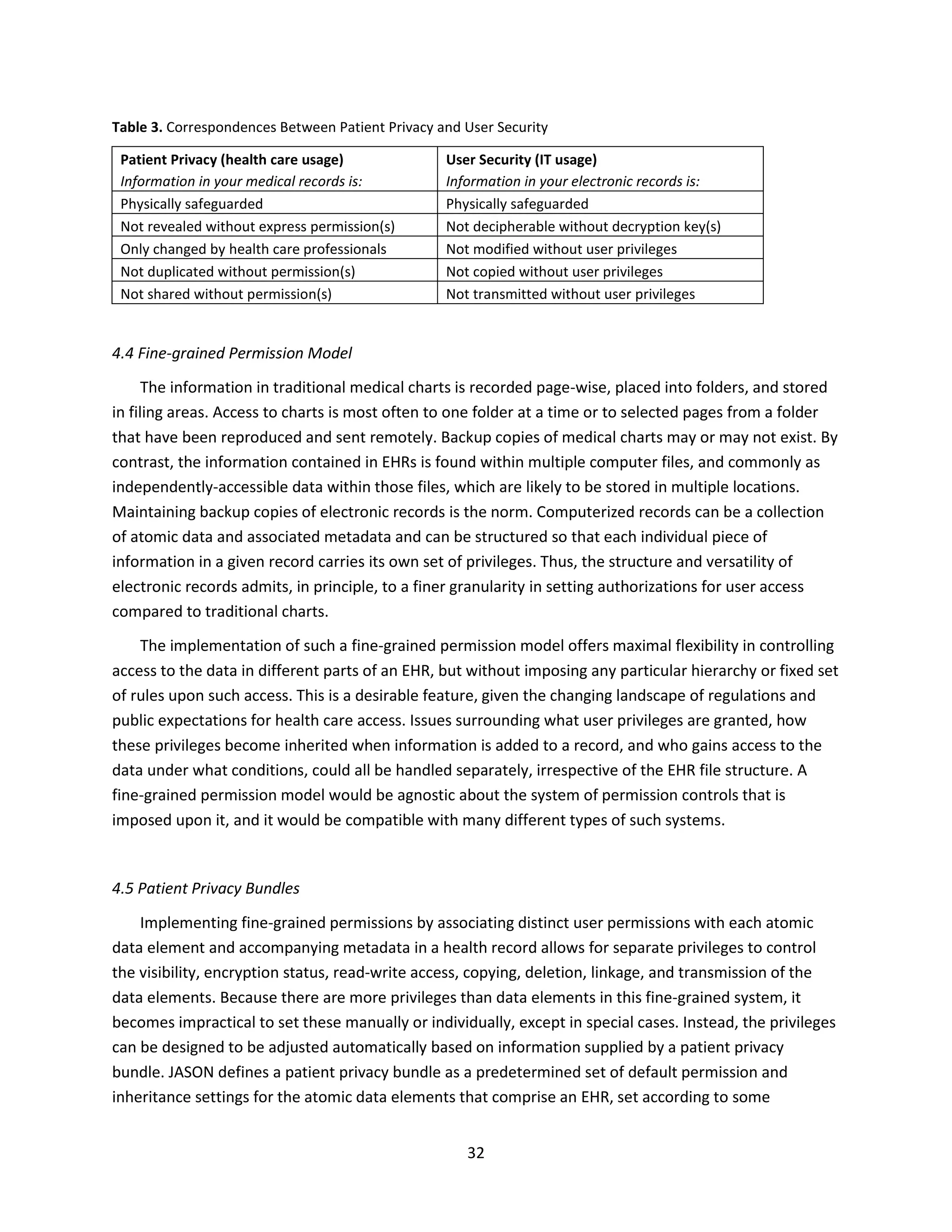 32
Table 3. Correspondences Between Patient Privacy and User Security
Patient Privacy (health care usage)
Information in your medical records is:
User Security (IT usage)
Information in your electronic records is:
Physically safeguarded Physically safeguarded
Not revealed without express permission(s) Not decipherable without decryption key(s)
Only changed by health care professionals Not modified without user privileges
Not duplicated without permission(s) Not copied without user privileges
Not shared without permission(s) Not transmitted without user privileges
4.4 Fine-grained Permission Model
The information in traditional medical charts is recorded page-wise, placed into folders, and stored
in filing areas. Access to charts is most often to one folder at a time or to selected pages from a folder
that have been reproduced and sent remotely. Backup copies of medical charts may or may not exist. By
contrast, the information contained in EHRs is found within multiple computer files, and commonly as
independently-accessible data within those files, which are likely to be stored in multiple locations.
Maintaining backup copies of electronic records is the norm. Computerized records can be a collection
of atomic data and associated metadata and can be structured so that each individual piece of
information in a given record carries its own set of privileges. Thus, the structure and versatility of
electronic records admits, in principle, to a finer granularity in setting authorizations for user access
compared to traditional charts.
The implementation of such a fine-grained permission model offers maximal flexibility in controlling
access to the data in different parts of an EHR, but without imposing any particular hierarchy or fixed set
of rules upon such access. This is a desirable feature, given the changing landscape of regulations and
public expectations for health care access. Issues surrounding what user privileges are granted, how
these privileges become inherited when information is added to a record, and who gains access to the
data under what conditions, could all be handled separately, irrespective of the EHR file structure. A
fine-grained permission model would be agnostic about the system of permission controls that is
imposed upon it, and it would be compatible with many different types of such systems.
4.5 Patient Privacy Bundles
Implementing fine-grained permissions by associating distinct user permissions with each atomic
data element and accompanying metadata in a health record allows for separate privileges to control
the visibility, encryption status, read-write access, copying, deletion, linkage, and transmission of the
data elements. Because there are more privileges than data elements in this fine-grained system, it
becomes impractical to set these manually or individually, except in special cases. Instead, the privileges
can be designed to be adjusted automatically based on information supplied by a patient privacy
bundle. JASON defines a patient privacy bundle as a predetermined set of default permission and
inheritance settings for the atomic data elements that comprise an EHR, set according to some
 