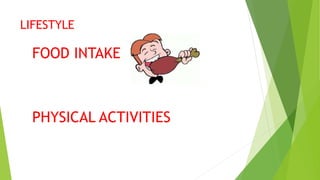 LIFESTYLE
FOOD INTAKE
PHYSICAL ACTIVITIES
 