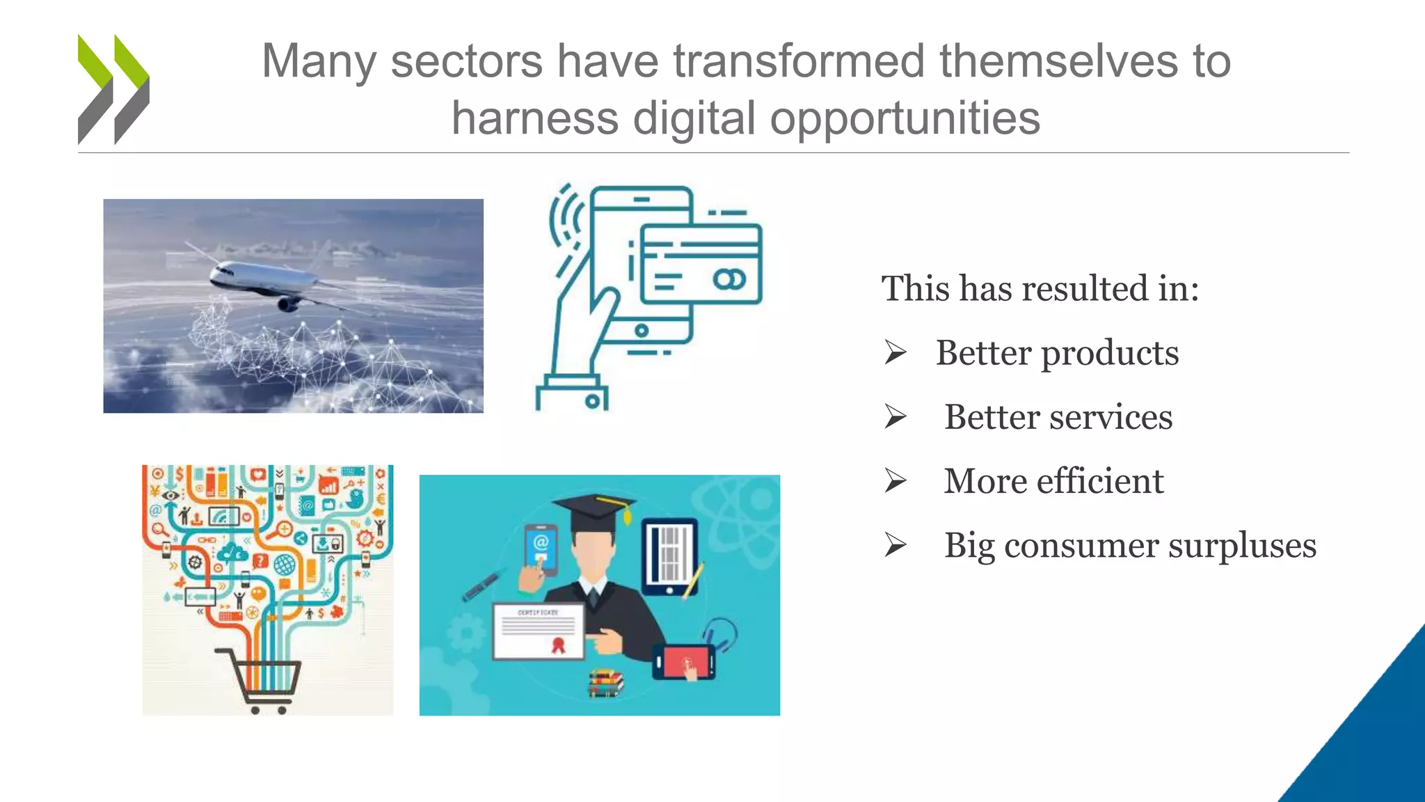 Many sectors have transformed themselves to
harness digital opportunities
This has resulted in:
 Better products
 Better services
 More efficient
 Big consumer surpluses
 