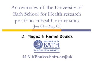 An overview of the University of Bath School for Health research portfolio in health informatics (Jun 03 – May 05) Dr Maged N Kamel Boulos M.N.K. Boulos @bath.ac. uk 