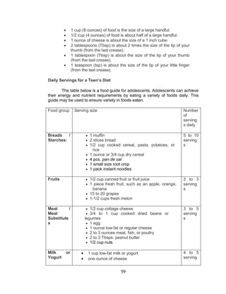 59
 1 cup (8 ounces) of food is the size of a large handful.
 1/2 cup (4 ounces) of food is about half of a large handful.
 1 ounce of cheese is about the size of a 1 inch cube.
 2 tablespoons (Tbsp) is about 2 times the size of the tip of your
thumb (from the last crease).
 1 tablespoon (Tbsp) is about the size of the tip of your thumb
(from the last crease).
 1 teaspoon (tsp) is about the size of the tip of your little finger
(from the last crease).
Daily Servings for a Teen’s Diet
The table below is a food guide for adolescents. Adolescents can achieve
their energy and nutrient requirements by eating a variety of foods daily. This
guide may be used to ensure variety in foods eaten.
Food group Serving size Number
of
serving
s daily
Breads /
Starches:
 1 muffin
 2 slices bread
 1/2 cup cooked cereal, pasta, potatoes, or
rice
 1 ounce or 3/4 cup dry cereal
 4 pcs. pan de sal
 1 small size root crop
 1 pack instant noodles
5 to 10
serving
s
Fruits  1/2 cup canned fruit or fruit juice
 1 piece fresh fruit, such as an apple, orange,
banana
 15 to 20 grapes
 1-1/2 cups fresh melon
2 to 3
serving
s
Meat /
Meat
Substitute
s
 1/2 cup cottage cheese
 3/4 to 1 cup cooked dried beans or
legumes
 1 egg
 1 ounce low-fat or regular cheese
 2 to 3 ounces meat, fish, or poultry
 2 to 3 Tbsps. peanut butter
 1/2 cup nuts
3 to 5
serving
s
Milk or
Yogurt
 1 cup low-fat milk or yogurt
 one ounce of cheese
4 to 5
serving
 
