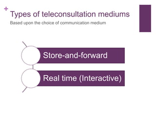 +
Types of teleconsultation mediums
Store-and-forward
Real time (Interactive)
Based upon the choice of communication medium
 