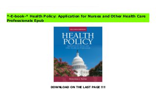 DOWNLOAD ON THE LAST PAGE !!!!
Health care providers frequently engage in setting policy agenda at the individual, systems, institutional, or public level. Health Policy: Application for Nurses and Other Health Care Professionals, Second Edition provides an overview of the policy making process within a variety of settings including academia, clinical practice, communities, and various health care systems. By including both policy evaluation and research, the author provides a comprehensive and multi-perspective approach to developing and formulating effective health care policy. The Second Edition has been updated to include new chapters on the following topic areas: board governance and policy leadership, institutional and organizational and association policy, healthcare systems and global health policy. In addition, the text provides key information on the process of policy search process and offers and expanded policy institute listing. New to the Second Edition Updated references Additional figures, tables and templates New case studies Key Point Boxes in each chapter highlight key concepts Primary source referencing for definitions (Black's Law Dictionary) Instructor Resources: Manual Transition Guide Case studies Test bank PowerPoint slides Health Policy: Application for Nurses and Other Health Care Professionals News
*-E-book-* Health Policy: Application for Nurses and Other Health Care
Professionals Epub
 