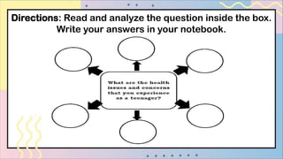 Directions: Read and analyze the question inside the box.
Write your answers in your notebook.
 