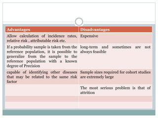 Advantages Disadvantages
Allow calculation of incidence rates,
relative risk , attributable risk etc.
Expensive
If a probability sample is taken from the
reference population, it is possible to
generalize from the sample to the
reference population with a known
degree of Precision
long-term and sometimes are not
always feasible
capable of identifying other diseases
that may be related to the same risk
factor
Sample sizes required for cohort studies
are extremely large
The most serious problem is that of
attrition
 