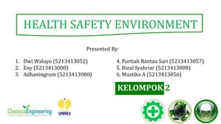 HEALTH SAFETY ENVIRONMENT
Presented By:
1. Dwi Waluyo (5213413052)
2. Eny (5213413000)
3. Adhaningrum (5213413000)
4. Purtiah Rantau Sari (5213413057)
5. Rizal Syahriar (5213413000)
6. Mustika A (5213413056)
KELOMPOK 2
 