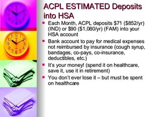 ACPL ESTIMATED Deposits into HSA Each Month, ACPL deposits $71 ($852/yr) (IND) or $90 ($1,080/yr) (FAM) into your HSA account Bank account to pay for medical expenses not reimbursed by insurance (cough syrup, bandages, co-pays, co-insurance, deductibles, etc.) It’s your money! (spend it on healthcare, save it, use it in retirement) You don’t ever lose it – but must be spent on healthcare  