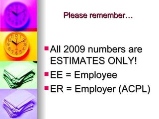 Please remember… All 2009 numbers are ESTIMATES ONLY! EE = Employee ER = Employer (ACPL) 