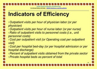 Health System Evaluation and Monitoring
                 Dr.Ahmed-Refat AG Refat WWW.SlideShare.net/AhmedRefat




Indicators of Efficiency
! Outpatient visits per hour of physician labor (or per
physician)
! Outpatient visits per hour of nurse labor (or per nurse)
! Ratio of outpatient visits to personnel costs (i.e., unit
personnel costs)
! Cost per outpatient visit (or Operating cost per outpatient
visit)
! Cost per hospital bed-day (or per hospital admission or per
hospital discharge)
! Percent of outpatient visits obtained from the private sector
! Private hospital beds as percent of total

                                                                         46
 