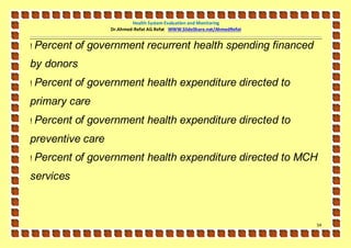 Health System Evaluation and Monitoring
                   Dr.Ahmed-Refat AG Refat WWW.SlideShare.net/AhmedRefat


!   Percent of government recurrent health spending financed
by donors
!   Percent of government health expenditure directed to
primary care
!   Percent of government health expenditure directed to
preventive care
!   Percent of government health expenditure directed to MCH
services



                                                                           54
 