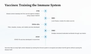Vaccines: Training the Immune System
1
1796
Edward Jenner develops the first vaccine against smallpox
using cowpox material
2 1885
Louis Pasteur creates the rabies vaccine
3
1950s-60s
Polio, measles, mumps, and rubella vaccines developed
4 1980
Smallpox declared eradicated worldwide through vaccination
5
2020
COVID-19 vaccines developed in record time
Vaccines help our body fight certain diseases by training the immune system to recognize and attack harmful germs without causing the
disease itself.
 