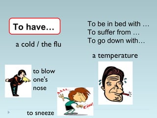 To have…
a temperature
To be in bed with …
To suffer from …
To go down with…
to blow
one's
nose
to sneeze
a cold / the flu
 