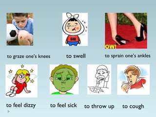 to feel dizzy to feel sick to coughto throw up
to graze one’s knees to swell to sprain one’s ankles
 