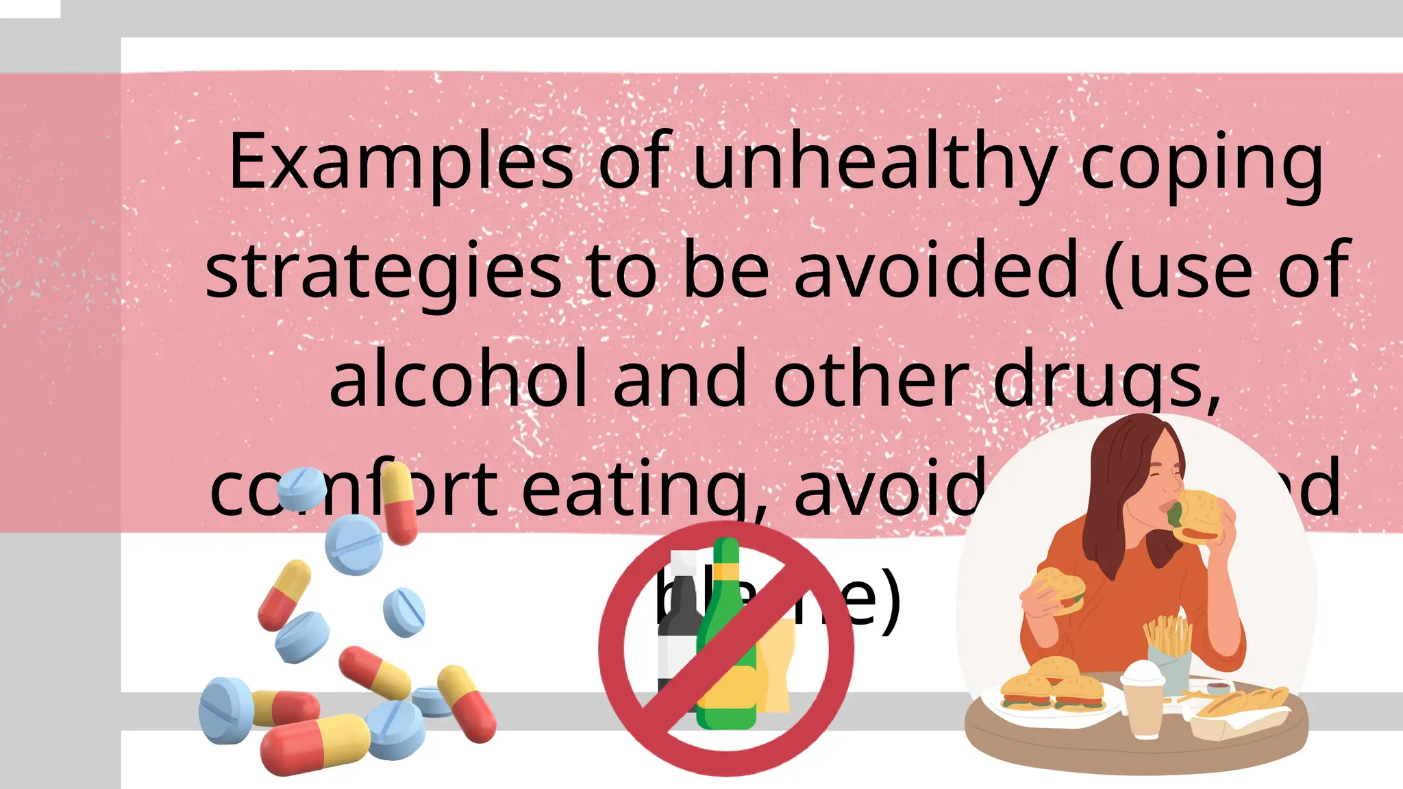 Examples of unhealthy coping
strategies to be avoided (use of
alcohol and other drugs,
comfort eating, avoidance, and
blame)
 