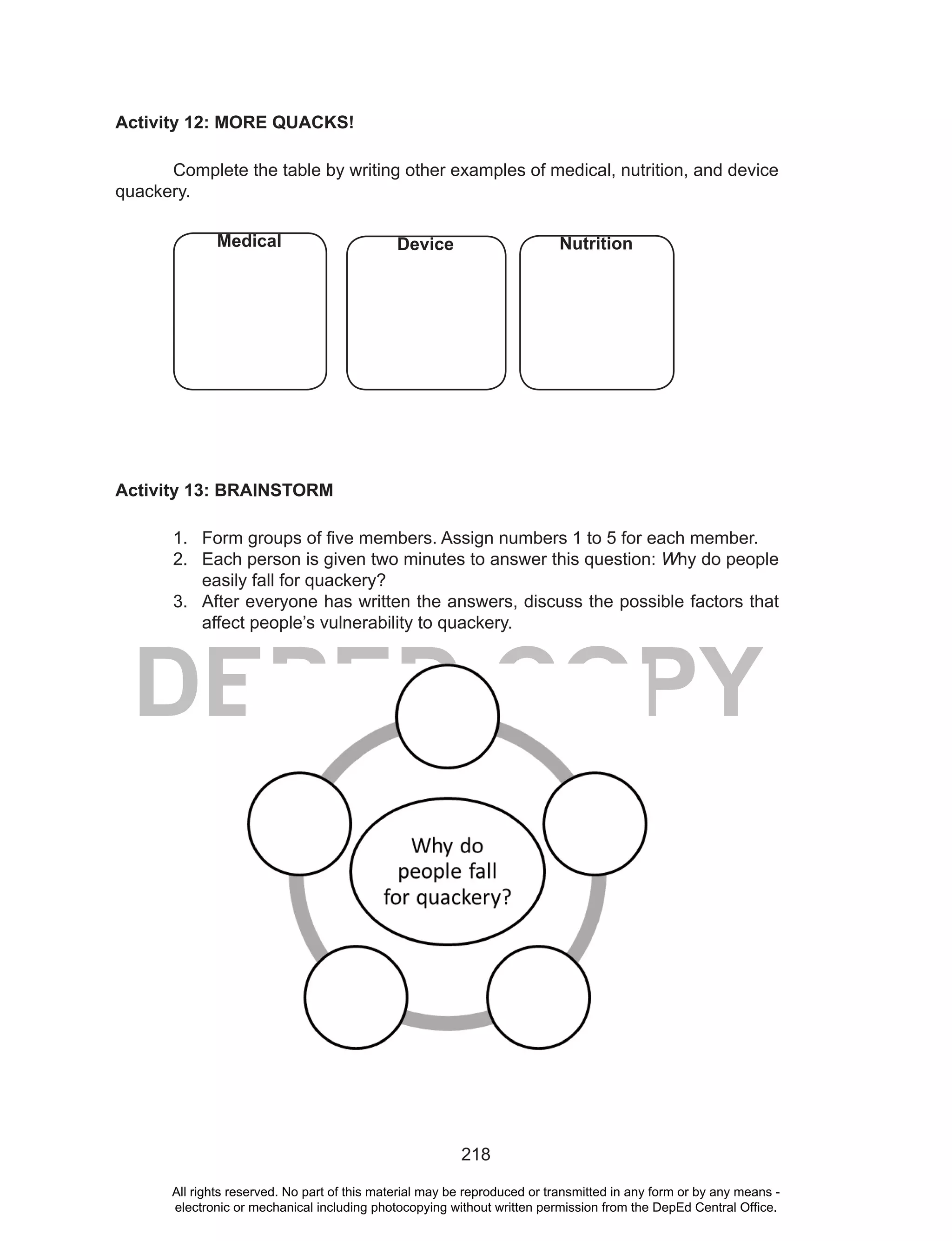 218
DEPED COPY
Activity 12: MORE QUACKS!
Complete the table by writing other examples of medical, nutrition, and device
quackery.
Medical Device Nutrition
Activity 13: BRAINSTORM
1. Form groups of five members. Assign numbers 1 to 5 for each member.
2. Each person is given two minutes to answer this question: Why do people
easily fall for quackery?
3. After everyone has written the answers, discuss the possible factors that
affect people’s vulnerability to quackery.
All rights reserved. No part of this material may be reproduced or transmitted in any form or by any means -
electronic or mechanical including photocopying without written permission from the DepEd Central Office.
 