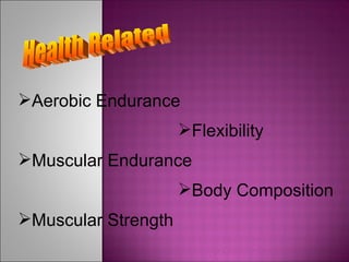 Health Related Aerobic Endurance Flexibility Muscular Endurance Body Composition Muscular Strength 