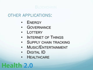 OTHER APPLICATIONS:
BLOCKCHAIN
•  ENERGY
•  GOVERNANCE
•  LOTTERY
•  INTERNET OF THINGS
•  SUPPLY CHAIN TRACKING
•  MUSIC/ENTERTAINMENT
•  DIGITAL ID
•  HEALTHCARE
 