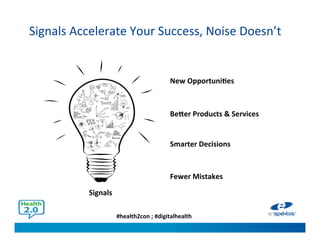 #health2con ; #digitalhealth
Signals Accelerate Your Success, Noise Doesn’t
New Opportunities
Better Products & Services
Smarter Decisions
Fewer Mistakes
Signals
 