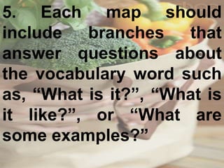 5. Each map should
include branches that
answer questions about
the vocabulary word such
as, “What is it?”, “What is
it like?”, or “What are
some examples?”
 