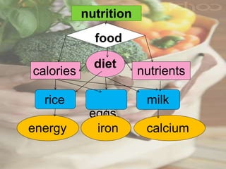 diet
calories nutrients
rice
eggs
milk
energy calcium
iron
food
nutrition
 