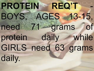 PROTEIN REQ’T -
BOYS, AGES 13-15,
need 71 grams of
protein daily while
GIRLS need 63 grams
daily.
 