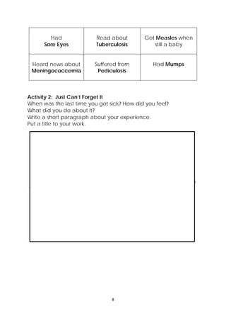DRAFT
April 10, 2014
8 
 
Had
Sore Eyes
Read about
Tuberculosis
Got Measles when
still a baby
Heard news about
Meningococcemia
Suffered from
Pediculosis
Had Mumps
Activity 2: Just Can’t Forget It
When was the last time you got sick? How did you feel?
What did you do about it?
Write a short paragraph about your experience.
Put a title to your work.
 
 