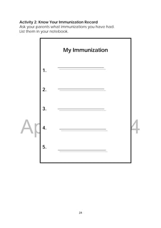 DRAFT
April 10, 2014
24 
 
Activity 2: Know Your Immunization Record
Ask your parents what immunizations you have had.
List them in your notebook.
 
My Immunization
1.
2.
3.
4.
5.
 