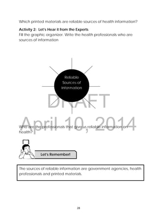 DRAFT
April 10, 2014
 
 
28 
 
Which printed materials are reliable sources of health information?
Activity 2: Let’s Hear it from the Experts
Fill the graphic organizer. Write the health professionals who are
sources of information
Who are the professionals that give us reliable information on
health?
Reliable
Sources of
Information
The sources of reliable information are government agencies, health
professionals and printed materials.
Let’s Remember!
 
 